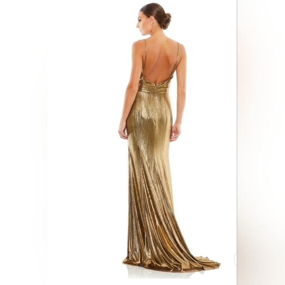 Ieena Mac Duggal, Metallic Faux Wrap Spaghetti Strap Gown, Bronze, Size 10, NWOT - Picture 4 of 11